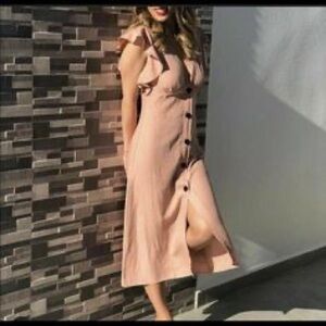 Zara Linen Blend V Neck Flutter Sleeve Button Front Midi Dress dusty pink sz S